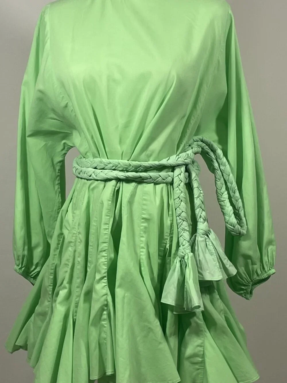 RHODE Ella Solid Cotton-Poplin Flounced Mini Tunic Dress in Bright Green Size XS